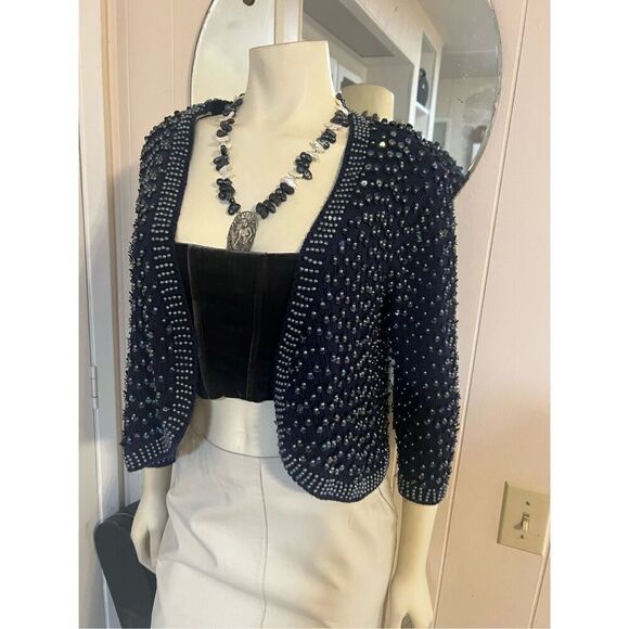 Topshop Navy Blue Fully Pearl & Sequin Beaded Open Front Cotton Cardigan 8 - Picture 1 of 7
